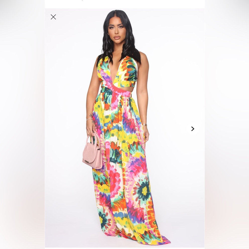 Fashion Nova Red and Pink Plunge Sundress Maxi